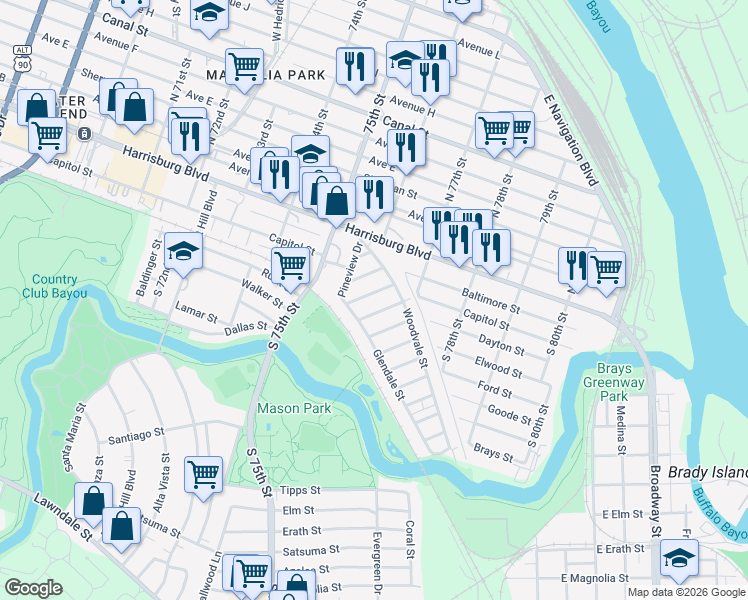 map of restaurants, bars, coffee shops, grocery stores, and more near 115 Canton Street in Houston