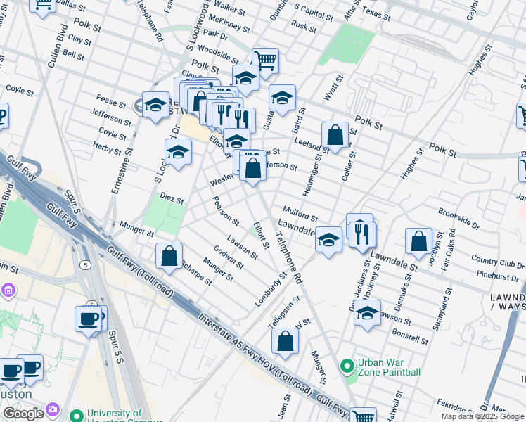 map of restaurants, bars, coffee shops, grocery stores, and more near 1417 Telephone Road in Houston