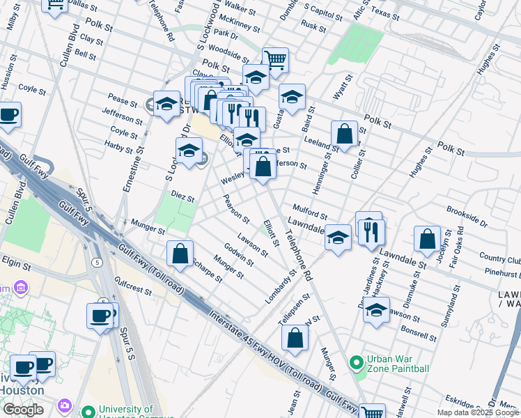 map of restaurants, bars, coffee shops, grocery stores, and more near 1406 Elliott Street in Houston