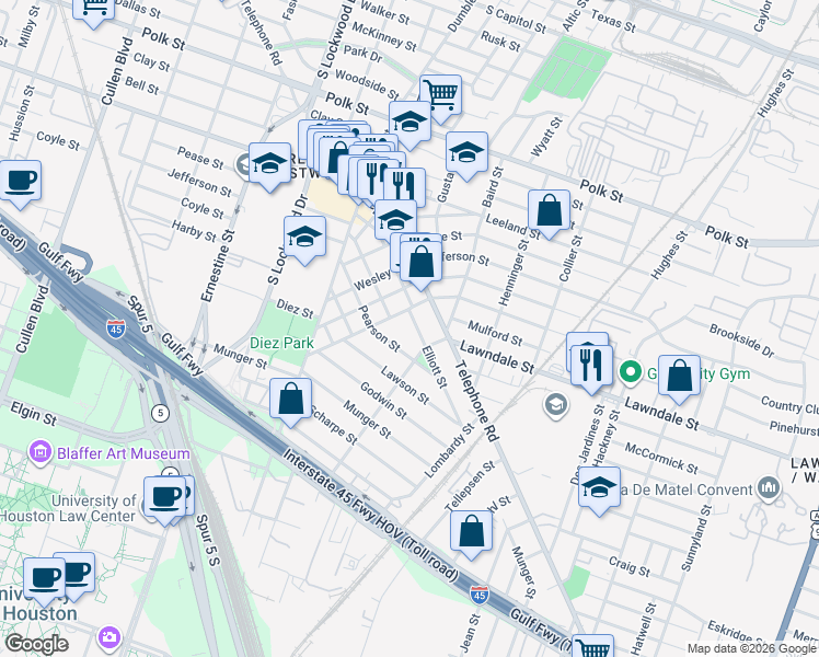 map of restaurants, bars, coffee shops, grocery stores, and more near 1406 Elliott Street in Houston