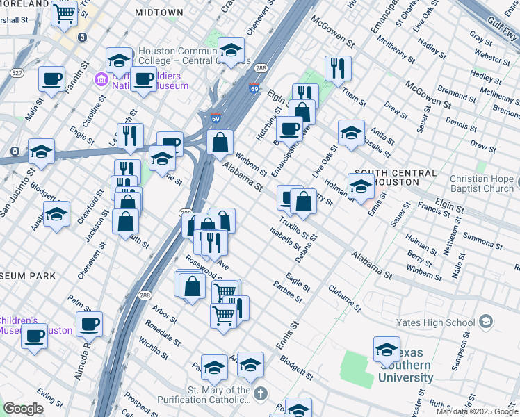 map of restaurants, bars, coffee shops, grocery stores, and more near 2402 Truxillo Street in Houston