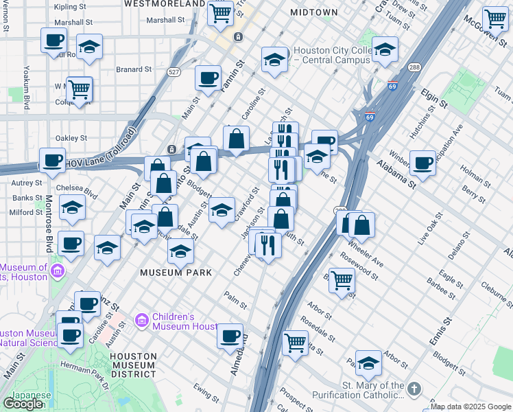 map of restaurants, bars, coffee shops, grocery stores, and more near 1615 Rosewood Street in Houston