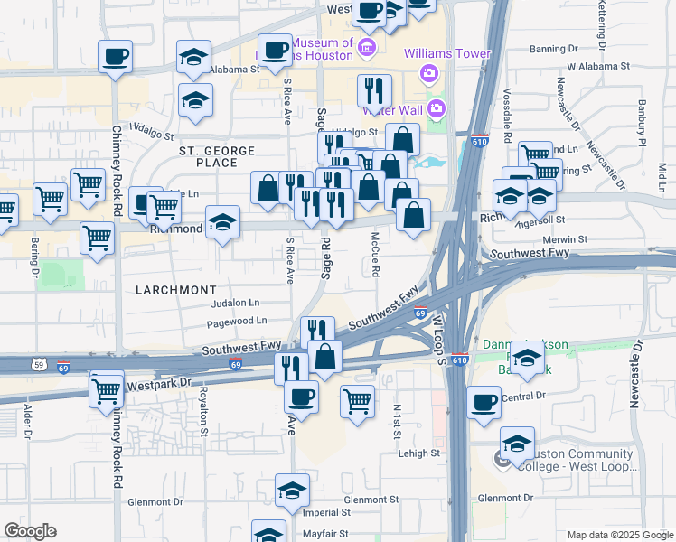 map of restaurants, bars, coffee shops, grocery stores, and more near 3505 Sage Road in Houston
