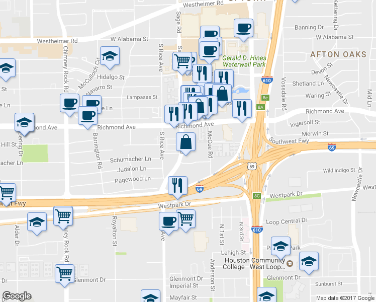 map of restaurants, bars, coffee shops, grocery stores, and more near 3505 Sage Road in Houston
