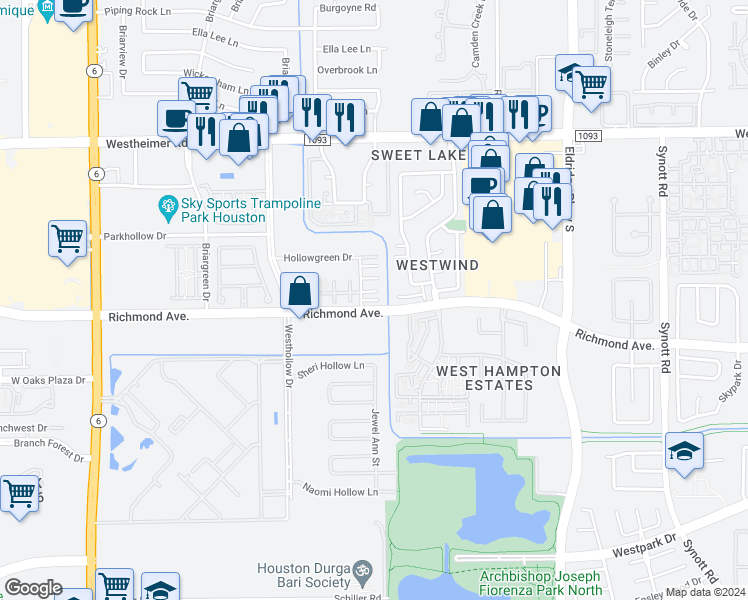 map of restaurants, bars, coffee shops, grocery stores, and more near 2879 Panagard Drive in Houston