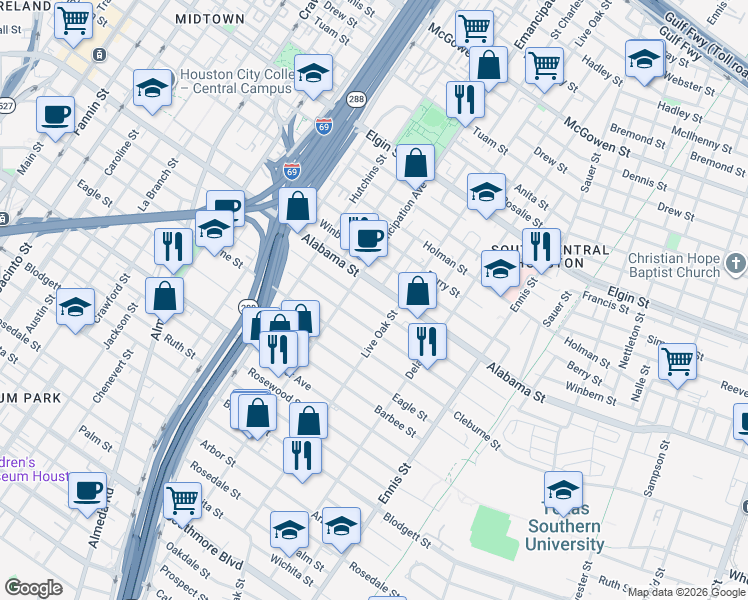 map of restaurants, bars, coffee shops, grocery stores, and more near 2500 Alabama Street in Houston