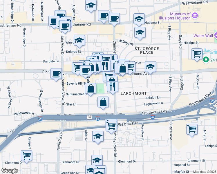map of restaurants, bars, coffee shops, grocery stores, and more near 3300 Chimney Rock Road in Houston