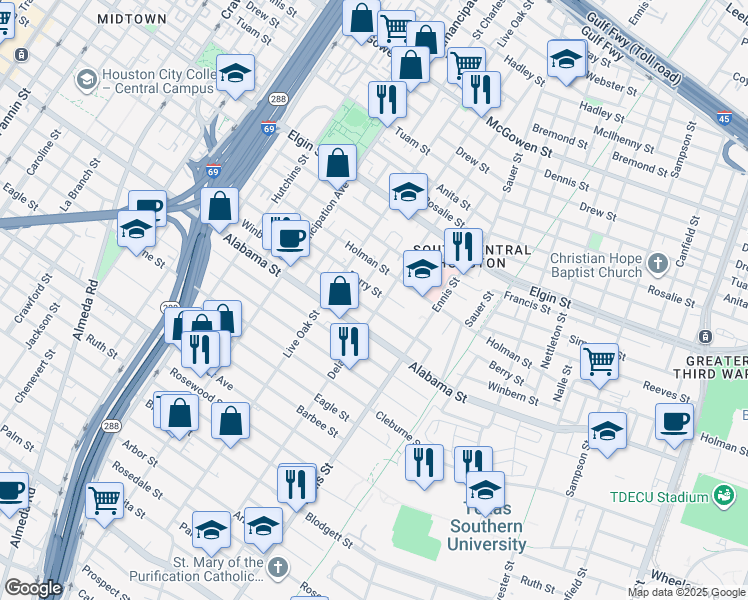 map of restaurants, bars, coffee shops, grocery stores, and more near 2716 Berry Street in Houston