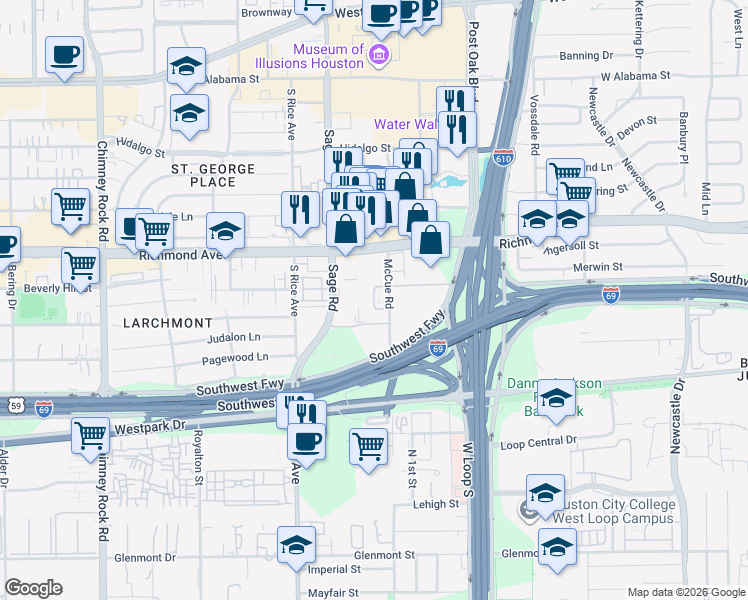 map of restaurants, bars, coffee shops, grocery stores, and more near 3350 McCue Road in Houston