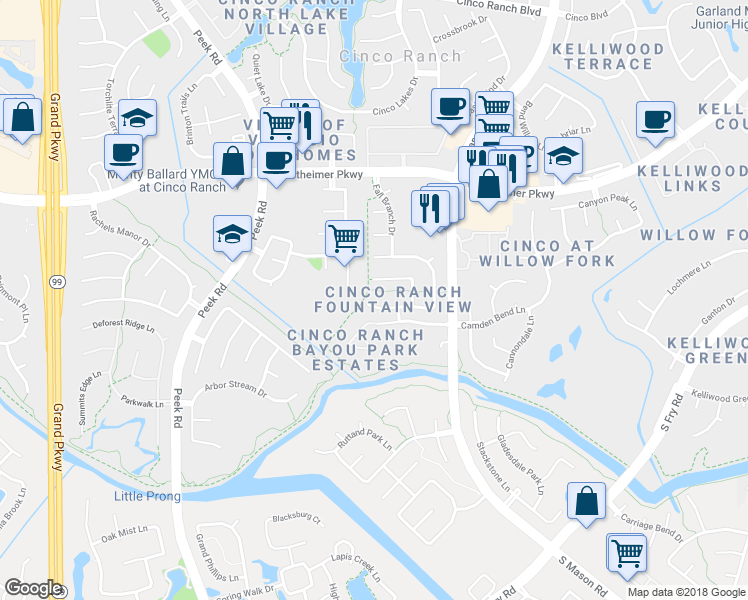 map of restaurants, bars, coffee shops, grocery stores, and more near 22418 Merabrook Drive in Katy