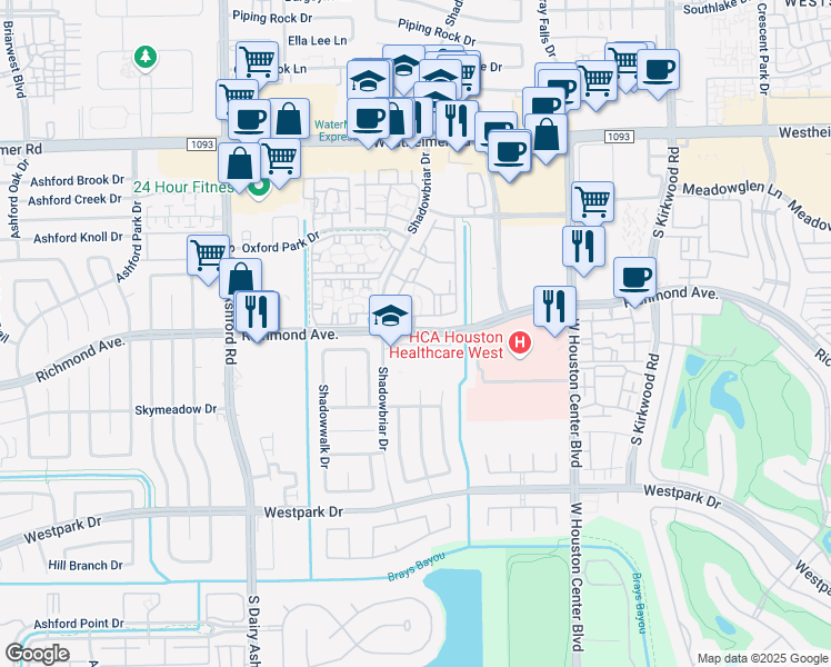 map of restaurants, bars, coffee shops, grocery stores, and more near 12360 Richmond Avenue in Houston