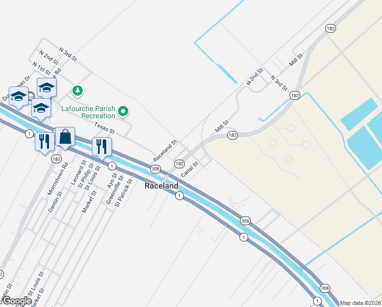 map of restaurants, bars, coffee shops, grocery stores, and more near 1601 Louisiana 182 in Raceland