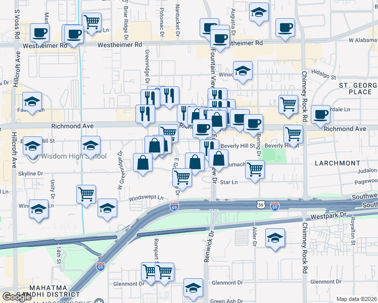 map of restaurants, bars, coffee shops, grocery stores, and more near 6061 Beverly Hill Street in Houston