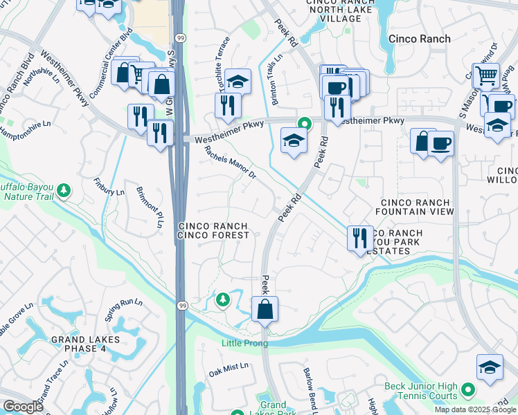 map of restaurants, bars, coffee shops, grocery stores, and more near 4206 Kimberly Crossing in Katy