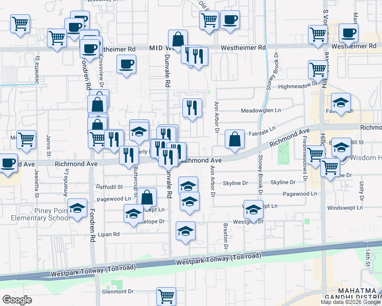 map of restaurants, bars, coffee shops, grocery stores, and more near 8162 Richmond Avenue in Houston