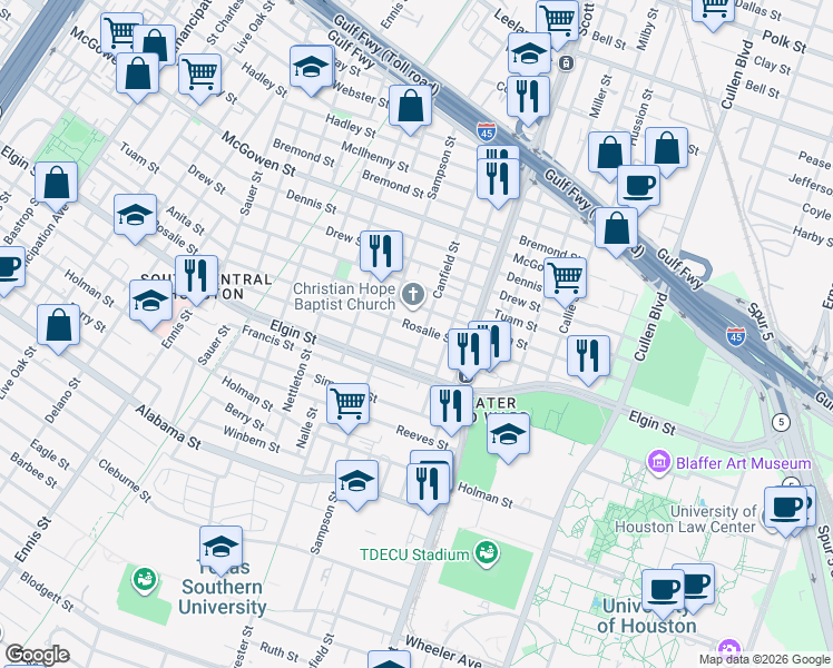 map of restaurants, bars, coffee shops, grocery stores, and more near 3418 Rosalie Street in Houston