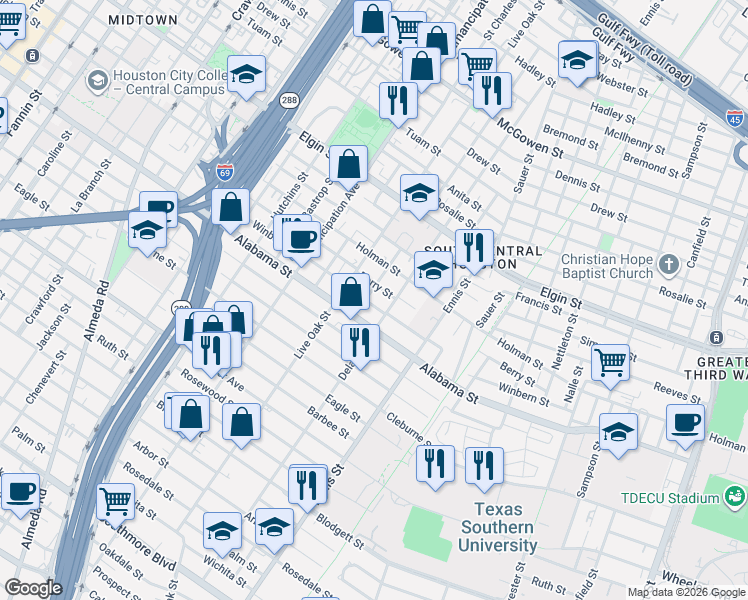 map of restaurants, bars, coffee shops, grocery stores, and more near 2716 Berry Street in Houston