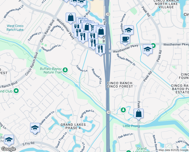 map of restaurants, bars, coffee shops, grocery stores, and more near 3306 Brinmont Place Lane in Katy