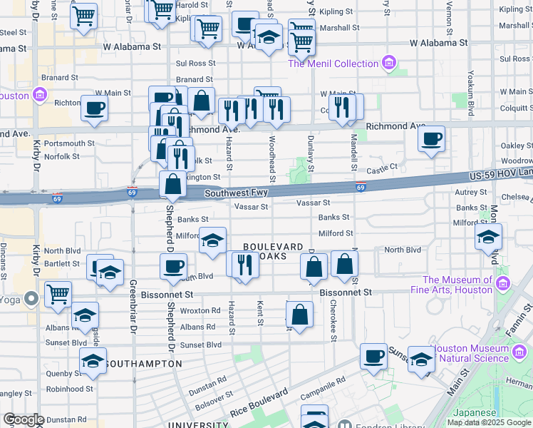 map of restaurants, bars, coffee shops, grocery stores, and more near 4808 Woodhead Street in Houston