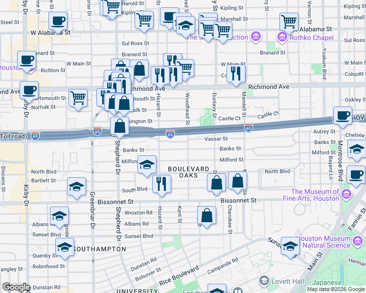 map of restaurants, bars, coffee shops, grocery stores, and more near 4808 Woodhead Street in Houston