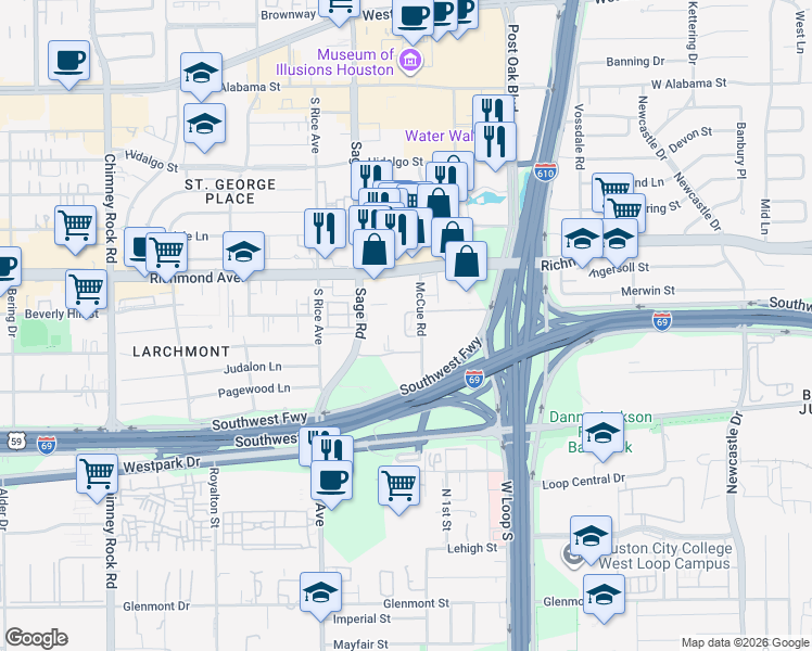 map of restaurants, bars, coffee shops, grocery stores, and more near 3350 McCue Road in Houston