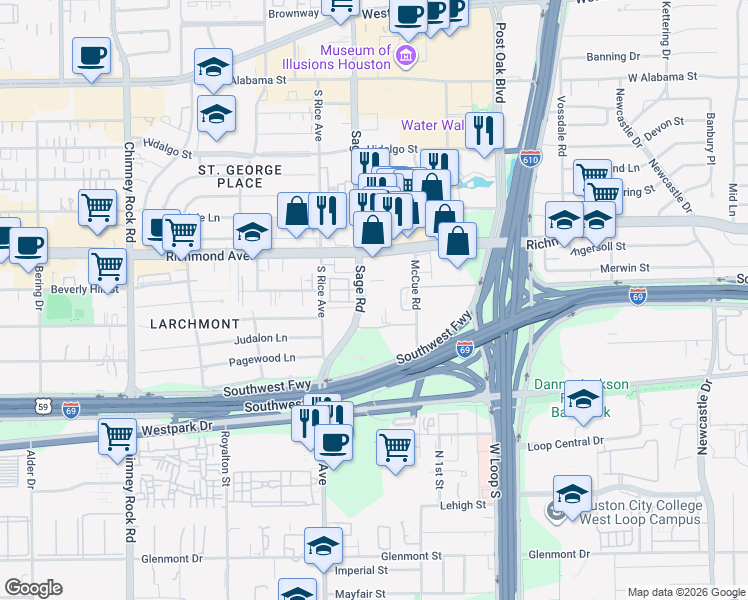 map of restaurants, bars, coffee shops, grocery stores, and more near 3505 Sage Road in Houston
