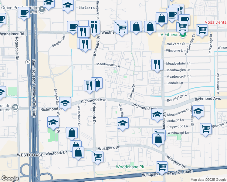 map of restaurants, bars, coffee shops, grocery stores, and more near 9940 Richmond Avenue in Houston