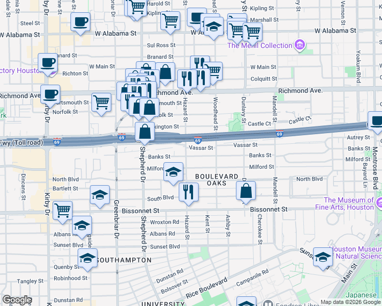map of restaurants, bars, coffee shops, grocery stores, and more near 1919 Vassar Street in Houston
