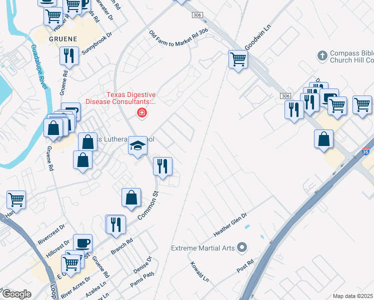 map of restaurants, bars, coffee shops, grocery stores, and more near 732 Willow Crossing in New Braunfels