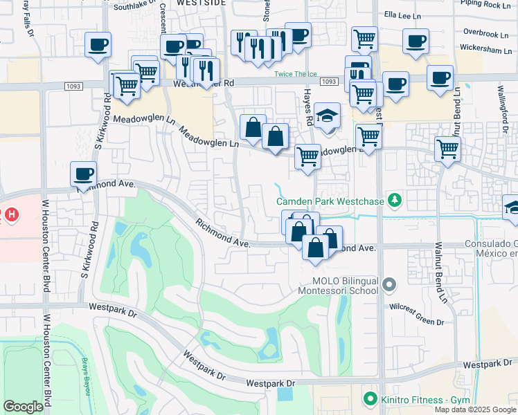 map of restaurants, bars, coffee shops, grocery stores, and more near 3225 Woodland Park Drive in Houston