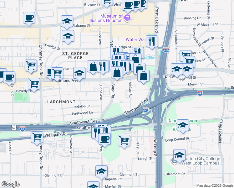map of restaurants, bars, coffee shops, grocery stores, and more near 3505 Sage Road in Houston