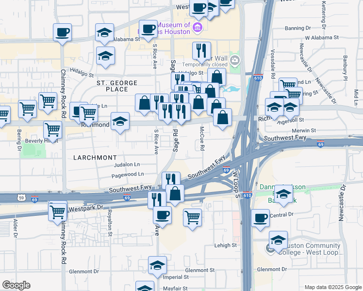 map of restaurants, bars, coffee shops, grocery stores, and more near 3505 Sage Road in Houston