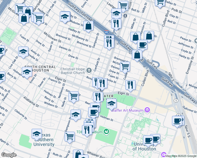 map of restaurants, bars, coffee shops, grocery stores, and more near 3007 Napoleon Street in Houston