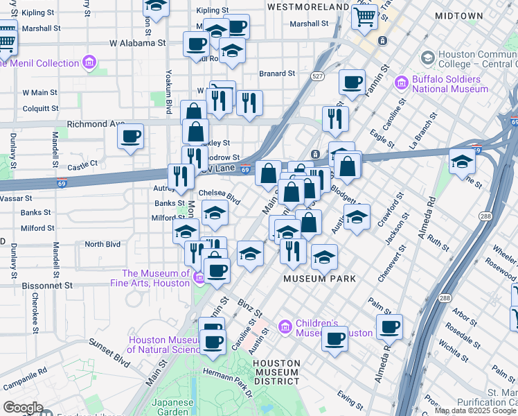 map of restaurants, bars, coffee shops, grocery stores, and more near 900 Rosedale Street in Houston