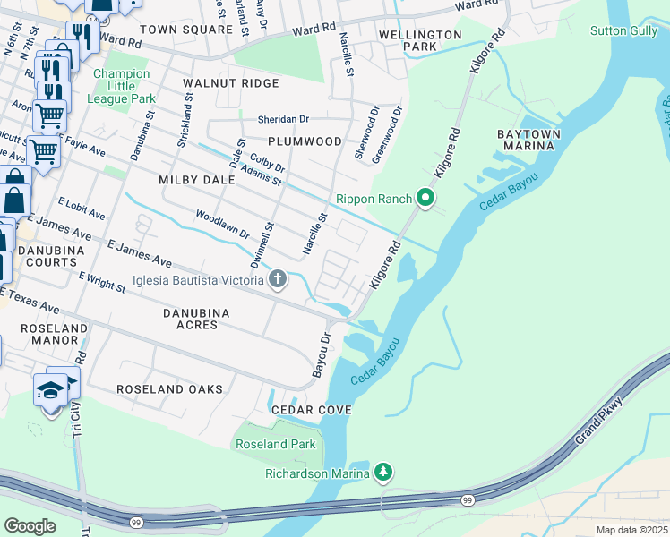 map of restaurants, bars, coffee shops, grocery stores, and more near 2500 East James Avenue in Baytown