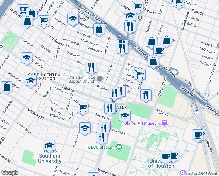 map of restaurants, bars, coffee shops, grocery stores, and more near 3007 Napoleon Street in Houston
