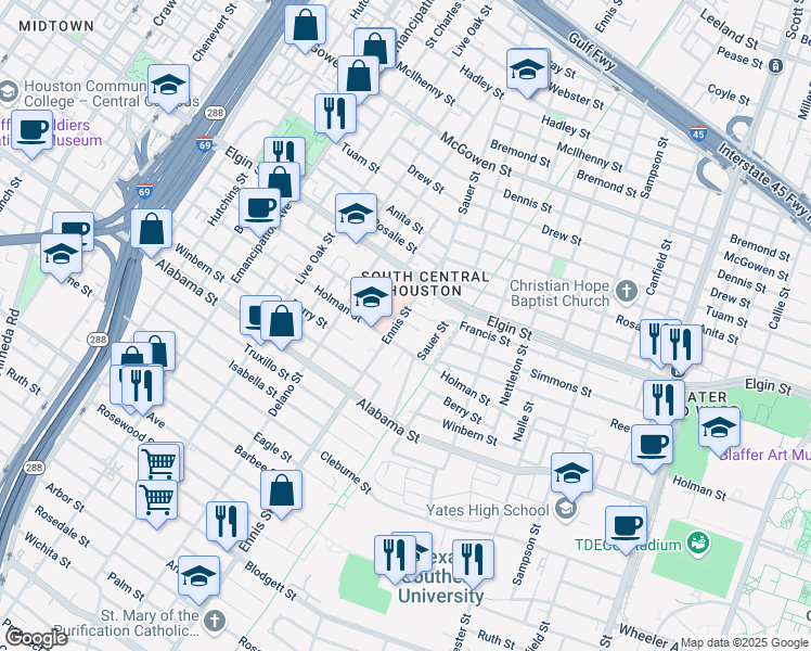 map of restaurants, bars, coffee shops, grocery stores, and more near 3402 Ennis Street in Houston