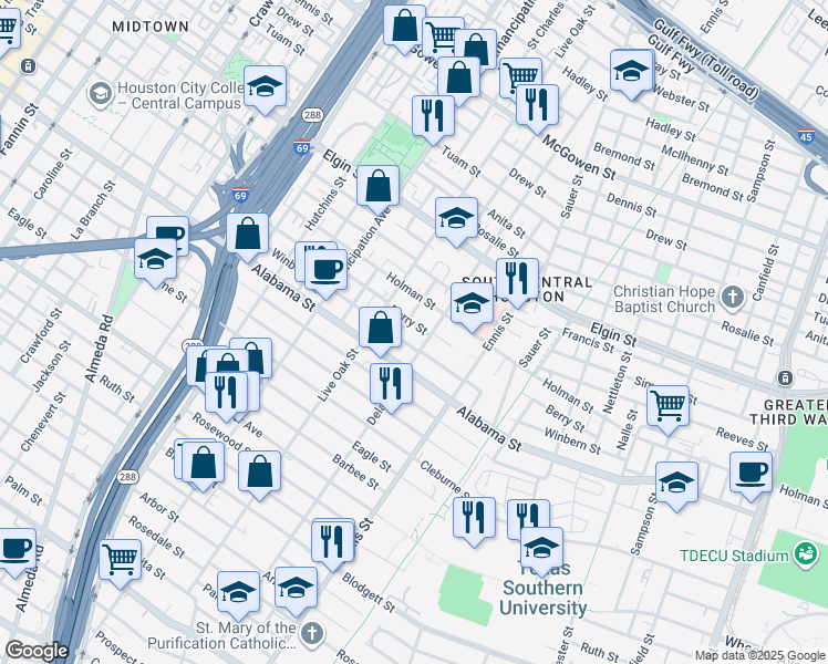 map of restaurants, bars, coffee shops, grocery stores, and more near 2716 Berry Street in Houston