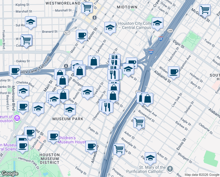 map of restaurants, bars, coffee shops, grocery stores, and more near 1615 Rosewood Street in Houston