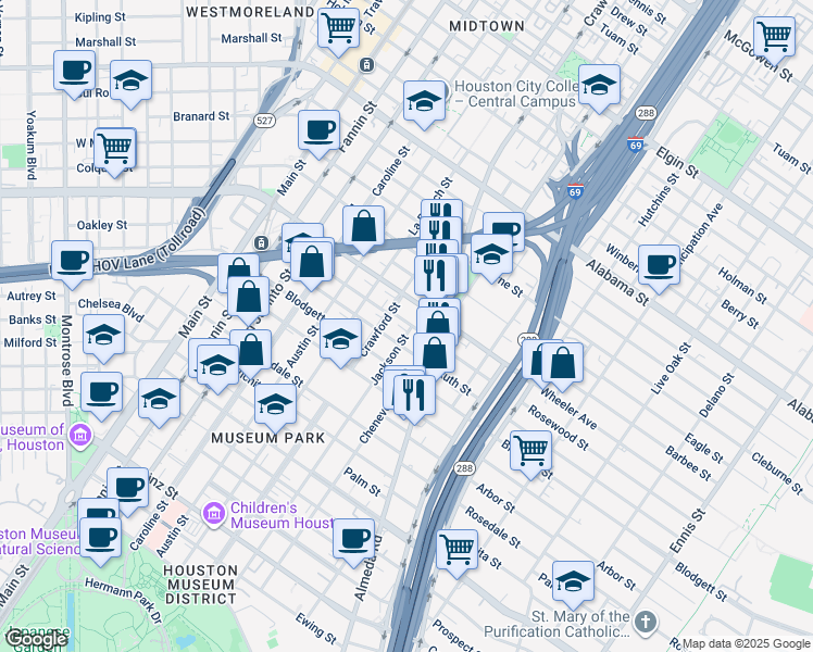 map of restaurants, bars, coffee shops, grocery stores, and more near 1615 Rosewood Street in Houston