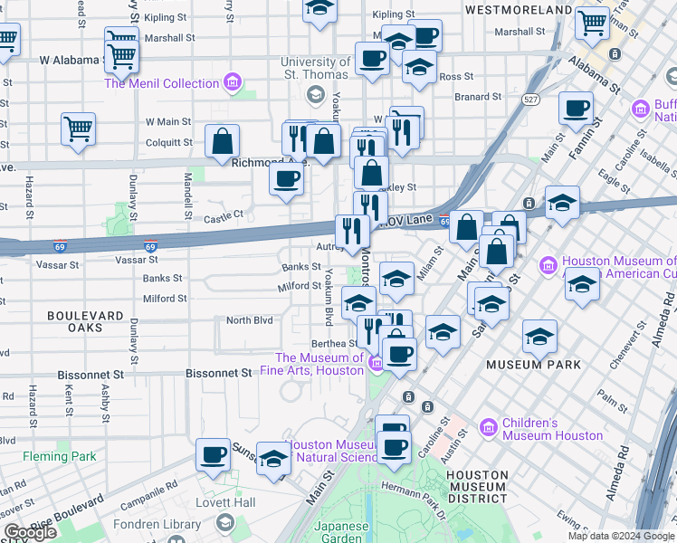 map of restaurants, bars, coffee shops, grocery stores, and more near 1111 Banks Street in Houston
