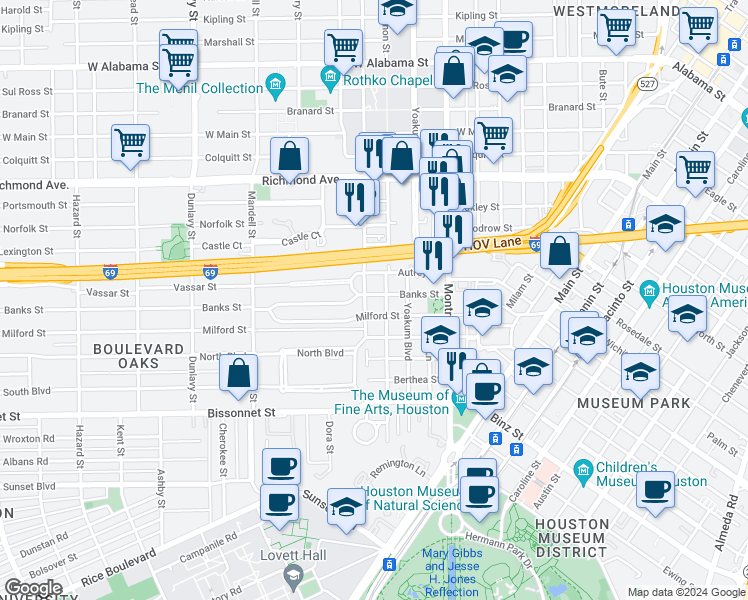 map of restaurants, bars, coffee shops, grocery stores, and more near 1201 Banks Street in Houston