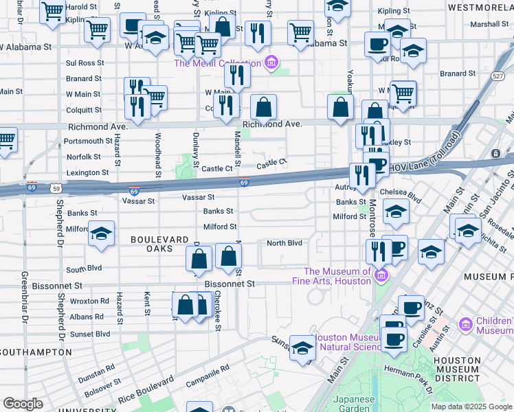 map of restaurants, bars, coffee shops, grocery stores, and more near 1520 Banks Street in Houston