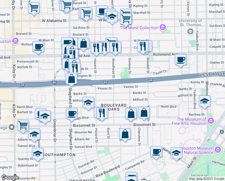 map of restaurants, bars, coffee shops, grocery stores, and more near 4808 Woodhead Street in Houston