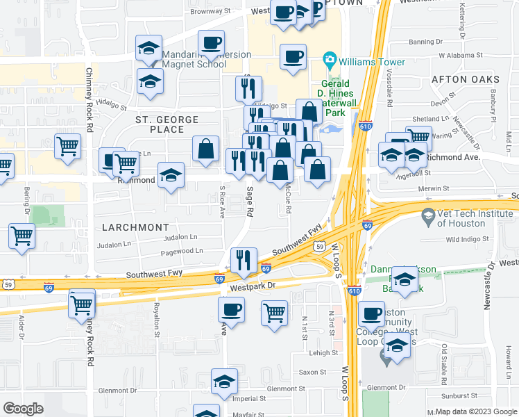 map of restaurants, bars, coffee shops, grocery stores, and more near 3505 Sage Road in Houston