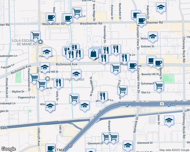 map of restaurants, bars, coffee shops, grocery stores, and more near 3303 West Greenridge Drive in Houston