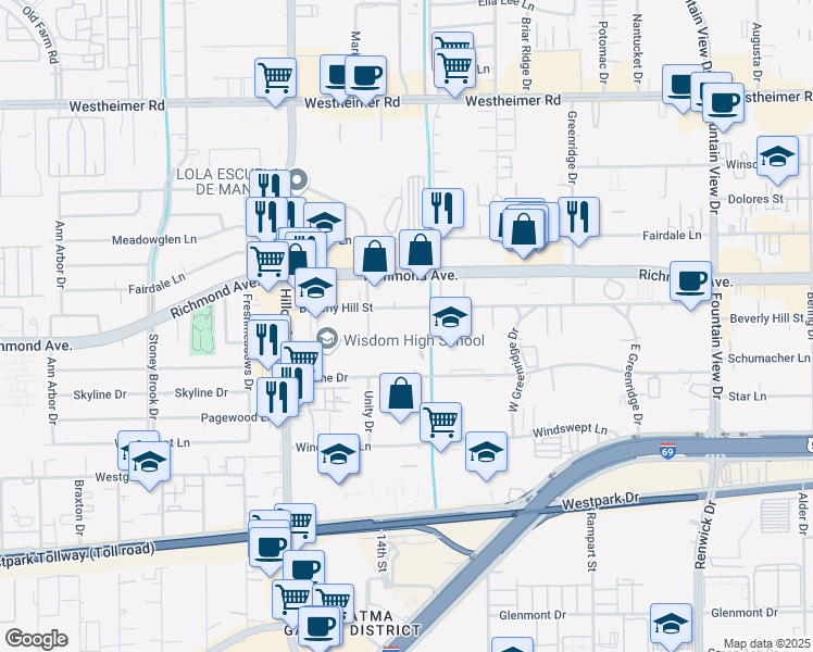 map of restaurants, bars, coffee shops, grocery stores, and more near 6363 Beverly Hill Street in Houston