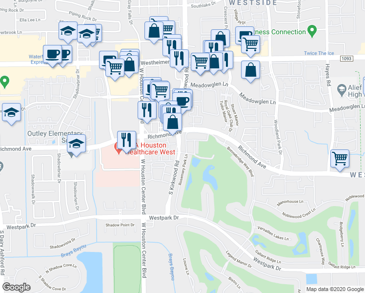 map of restaurants, bars, coffee shops, grocery stores, and more near 2922 Rosemary Park Lane in Houston