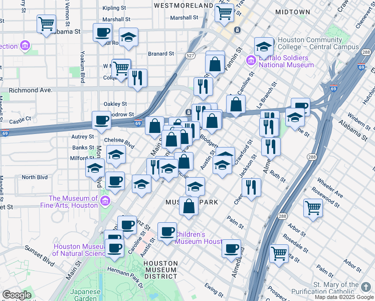 map of restaurants, bars, coffee shops, grocery stores, and more near 4815 San Jacinto Street in Houston
