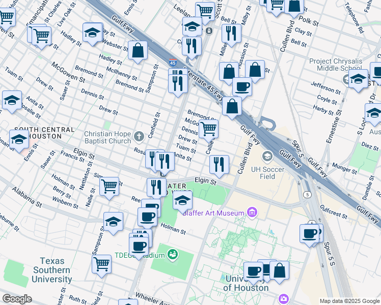 map of restaurants, bars, coffee shops, grocery stores, and more near 3618 Tuam Street in Houston